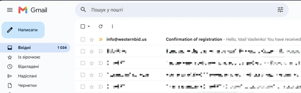 “Confirmation of registration” email from Western Bid in the inbox