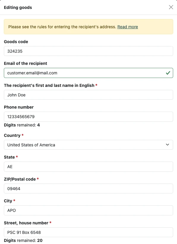 Editing goods form in the Western Bid personal account with a U.S. military address: city APO, state AE, ZIP code 09464