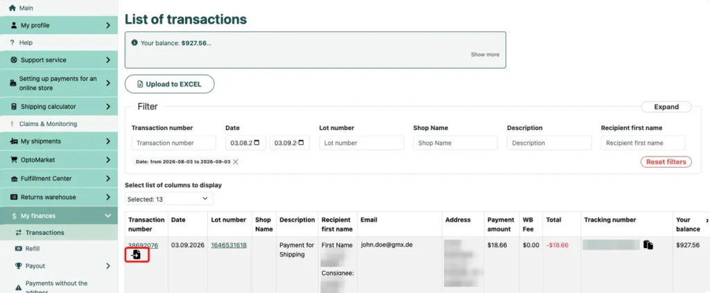 List of transactions in the Western Bid account: the icon for creating an external item under the transaction number