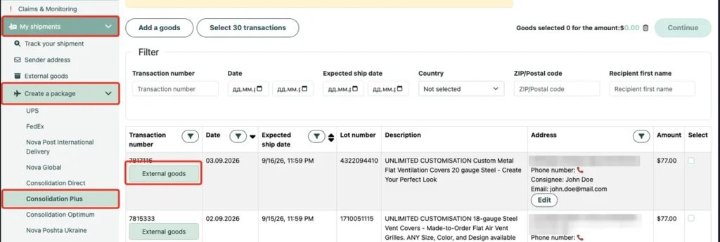 Consolidation Plus in the Western Bid account: the External goods button under the transaction number
